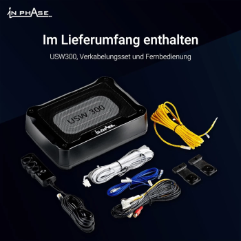 In Phase USW300 Aktiv Untersitz Subwoofer Bass Fernbedienung 300 Watt Kabelset